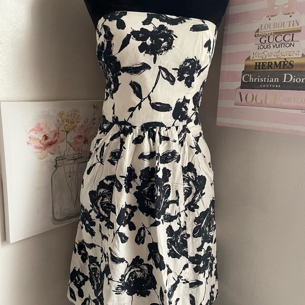 LOFT Black and White Strapless Sundress Cocktail